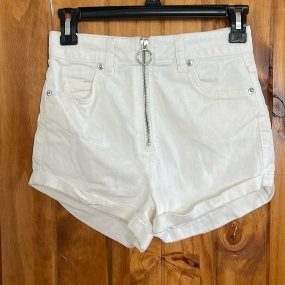 Forever 21 White Denim Jean Shorts Cuffed Exposed Front Zipper XS